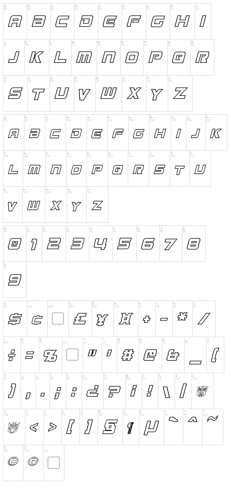 Mission GT-R font map